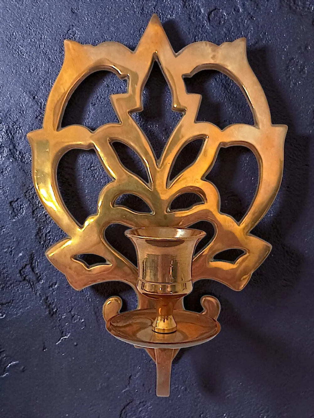 Solid‎ Brass Wall Sconce Single Candle Holder Lotus Flower Open Work Old World